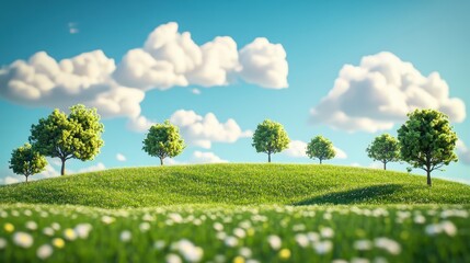 Fototapeta premium illustration of Summer fields landscape with a dawn,Rainbow, green grass hills, bright color blue sky, country background,banner resting vacation.