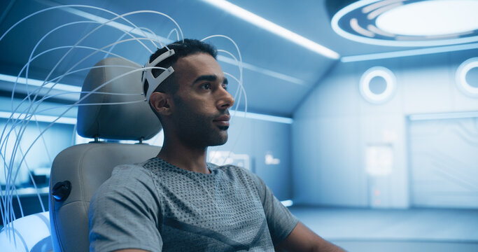 Innovative Laboratory Research Utilizes Advanced Eeg Headset for Cognitive Assessment. Futuristic Lab With Advanced Brain-computer Interface and Neural Signal Analysis in Medicine