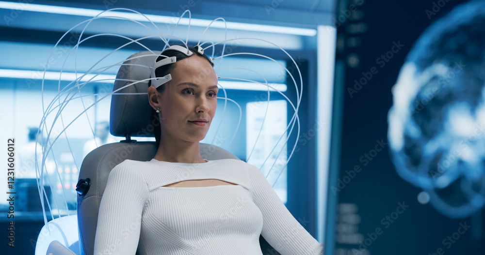 Poster Futuristic Laboratory: Female Patient's Brain With Advanced Neural Technology, Optimizing Cognitive Function and Researching Neural Diseases