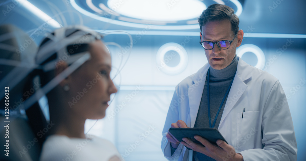 Aufkleber Futuristic laboratory: Female Patient Wearing Headset for a Brain Scan With Advanced Neural Technology, Monitored by a Doctor Using Digital Tablet. Cognitive Optimization and Neural Disease Research