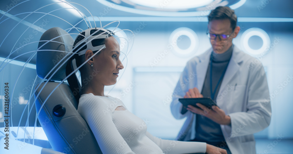 Aufkleber futuristic laboratory: female patient wearing headset for a brain scan with advanced neural technolo
