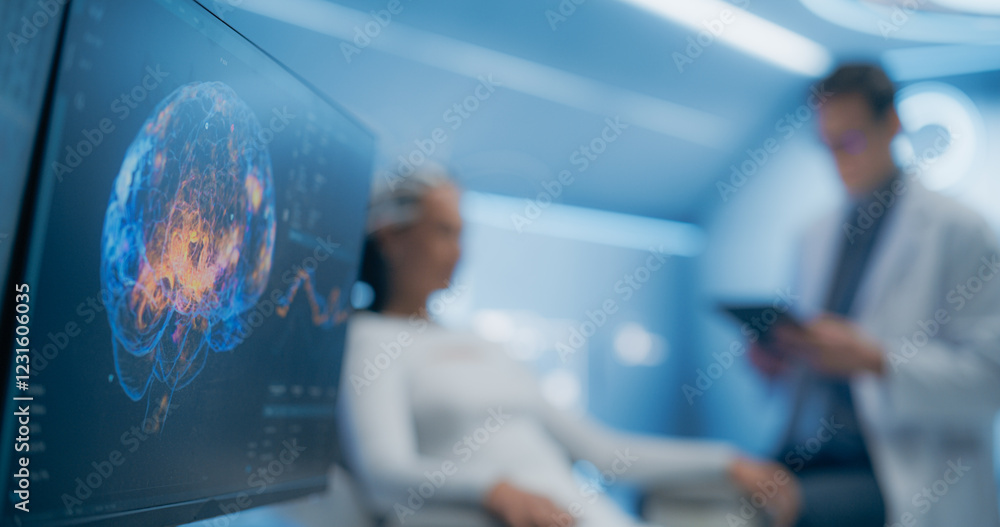 Aufkleber Futuristic Lab Uses Advanced Neural Technology to Scan Female Patient's Brain. Monitor and Display Show Illuminated Neural Pathways, Innovation in Cognitive Research and Diagnostics