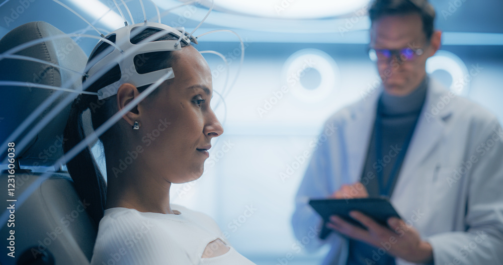 Poster futuristic laboratory: female patient wearing headset for a brain scan with advanced neural technolo