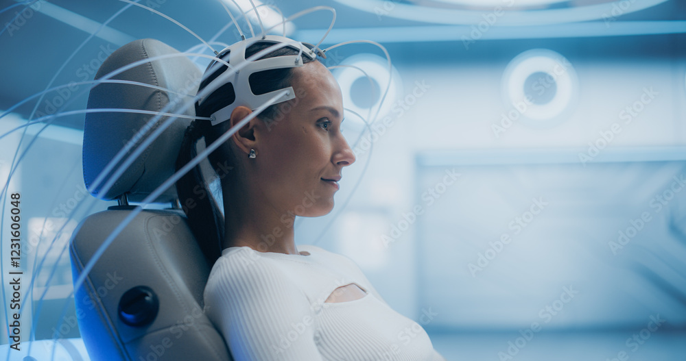 Aufkleber Futuristic laboratory: Female Patient Wearing Headset for an Advanced Brain Scan Using Neural Connection Technology. High-Tech Cognitive Enhancement Facility. Sci-fi Concept