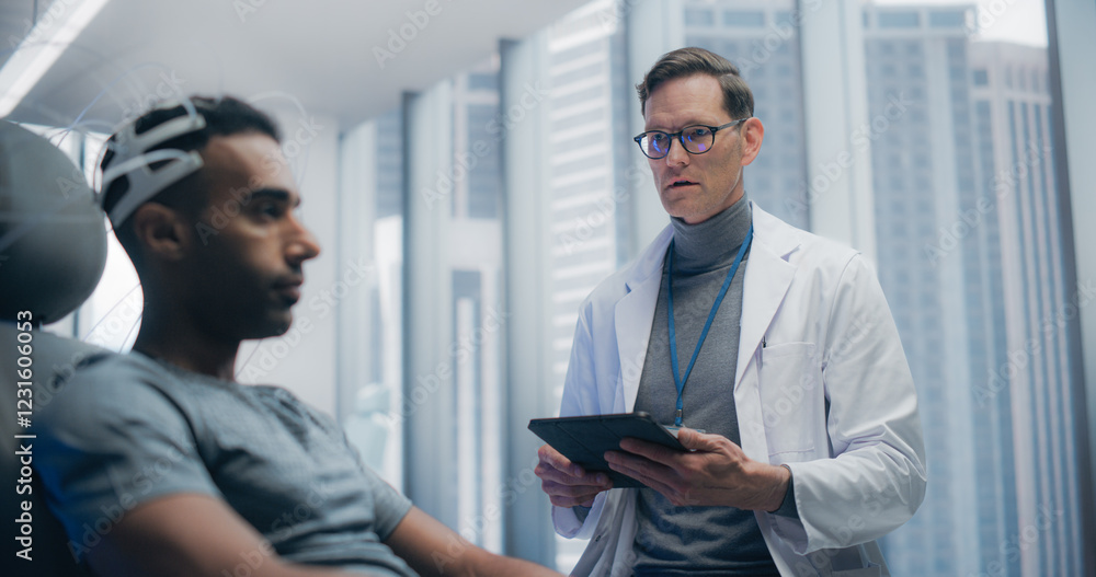 Aufkleber Futuristic Laboratory: Male Patient Wearing Headset for an Advanced Brain Scan, Monitored by a Doctor Using Digital Tablet Computer. Neural Disease Research and Cognitive Optimization Using Technology