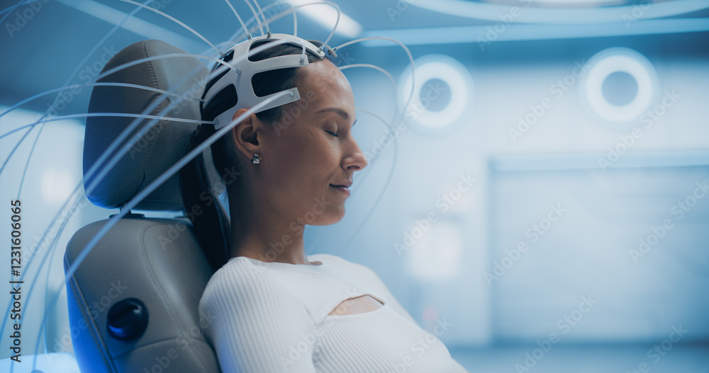 Poster Futuristic laboratory: Female Patient Wearing Headset for an Advanced Brain Scan Using Neural Connection Technology. High-Tech Cognitive Enhancement Facility. Sci-fi Concept. Portrait Shot