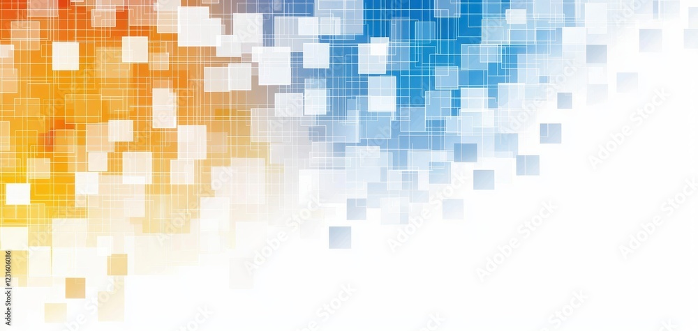Poster mosaic-like pixel pattern with a smooth gradient from yellow to blue, featuring random colorful squa