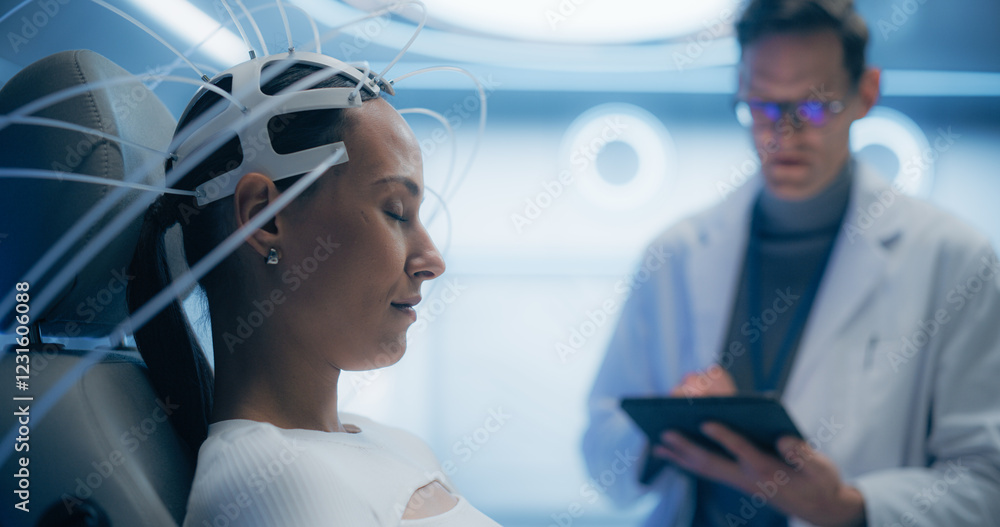 Poster futuristic laboratory: female patient wearing headset for an advanced brain scan, monitored by a doc
