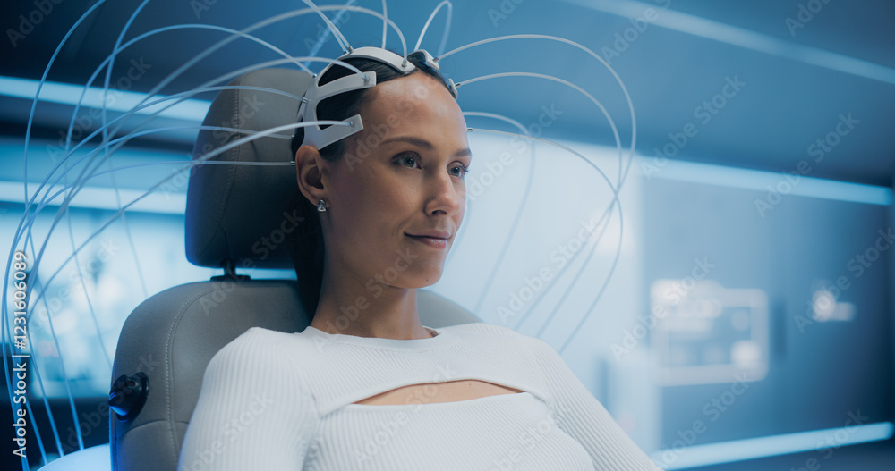 Fototapete futuristic laboratory: female patient wearing headset for an advanced brain scan using advanced neur