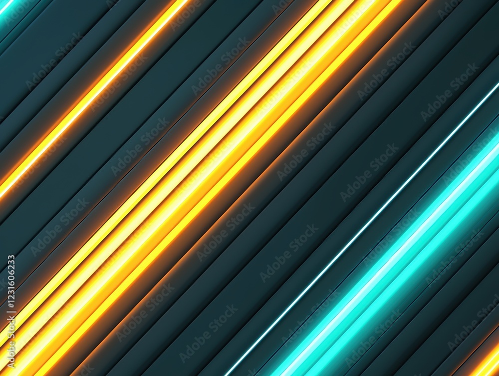 Poster neon diagonal lines in teal and yellow, intersecting with glowing energy on a dark background, ideal