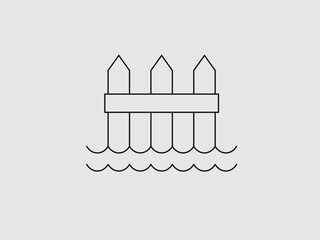 This is a minimalist line art illustration of a fence partially submerged in water