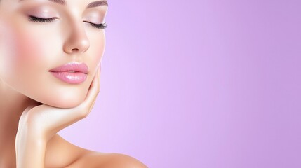 Fototapeta premium Serene Woman with Glowing Skin on Lavender Background
