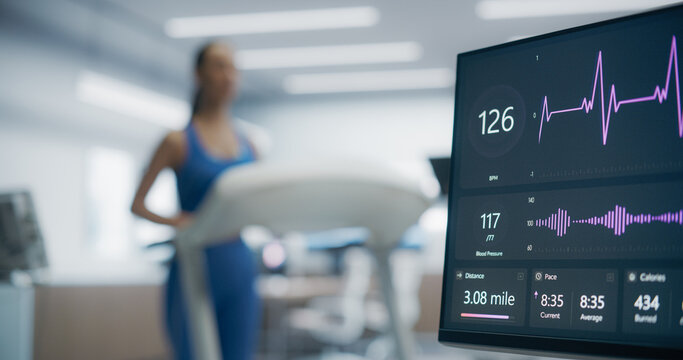 Computer Screen Shows Precise Health and Performance Analysis. Female Athlete Performing a Cardiopulmonary Exercise Test on a Treadmill in a High-tech Medical Lab
