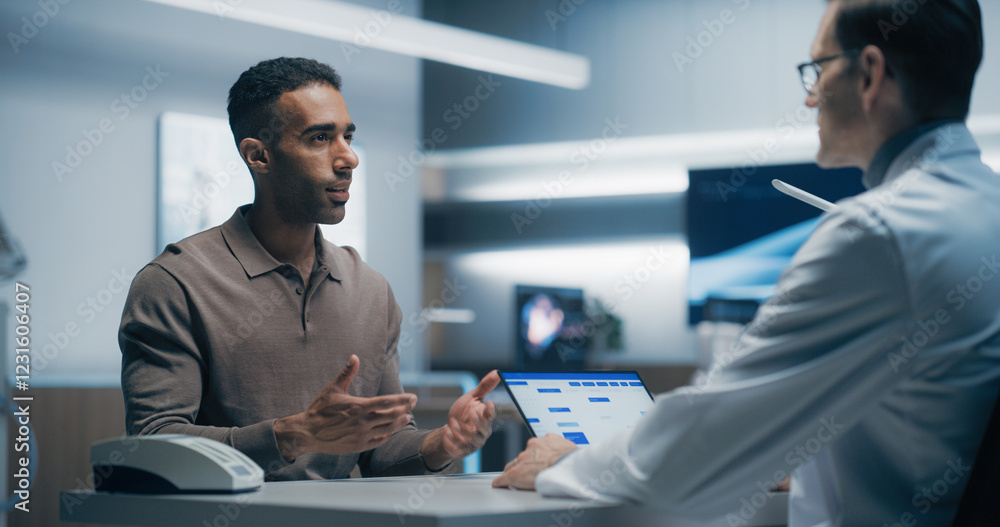 Poster male specialist and male patient discuss health data in a high-tech medical lab, utilizing advanced 
