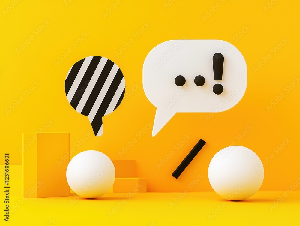 Poster Playful speech bubble design with bold question and exclamation marks, accompanied by chat dots and a checkmark in a dynamic 3D composition
