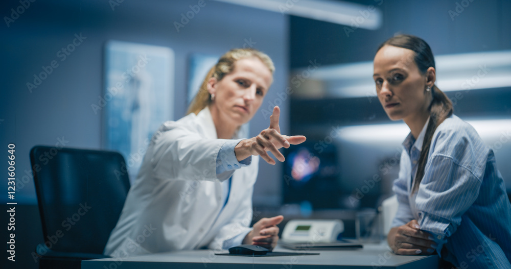 Poster Physician And Patient Having a Conversation. Mock Up Template for a Futuristic 3D Visualization of Medical Technology. AI Neural Biosensor Data, Precision Diagnostics, Personalized Medicinal Therapy