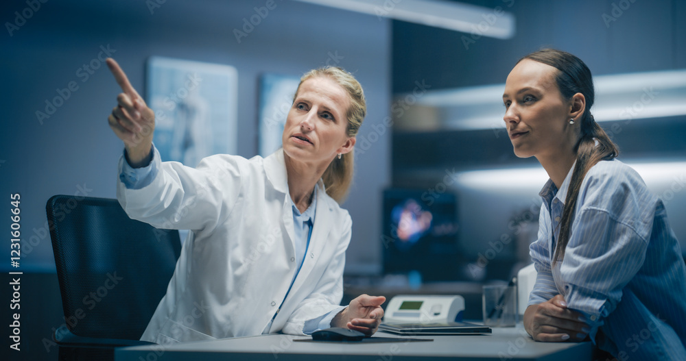 Poster Physician And Patient Having a Conversation. Mock Up Template for a Futuristic 3D Visualization of Medical Technology. AI Neural Biosensor Data, Precision Diagnostics, Personalized Medicinal Therapy