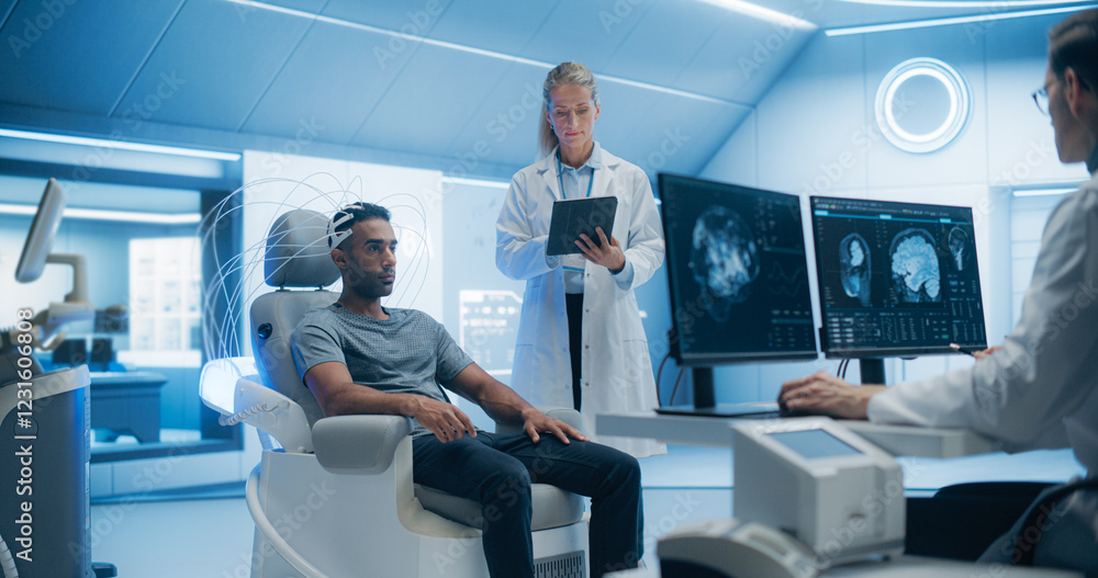 Poster futuristic laboratory: doctors use advanced brain scanning technology to diagnose and treat neural d