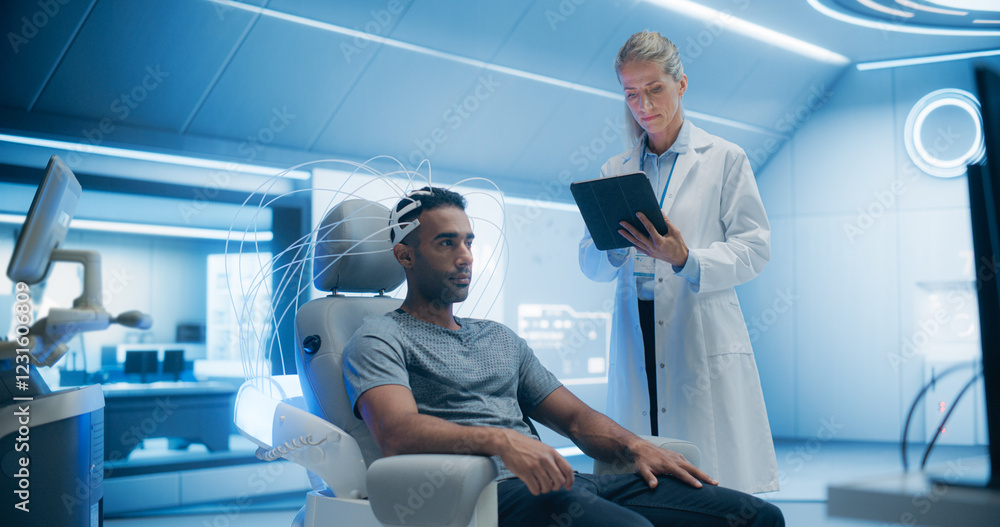 Leinwandbilder Doctors in a Futuristic Lab Use Advanced Technology to Scan a Patient's Brain, Analyzing Data on High-tech Monitors. Patient, Connected to a High-Tech Device
