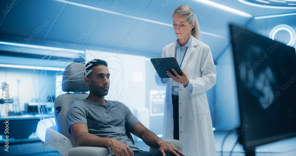 Poster doctor conducts an advanced brain scan on a male patient in a futuristic laboratory, using high-tech