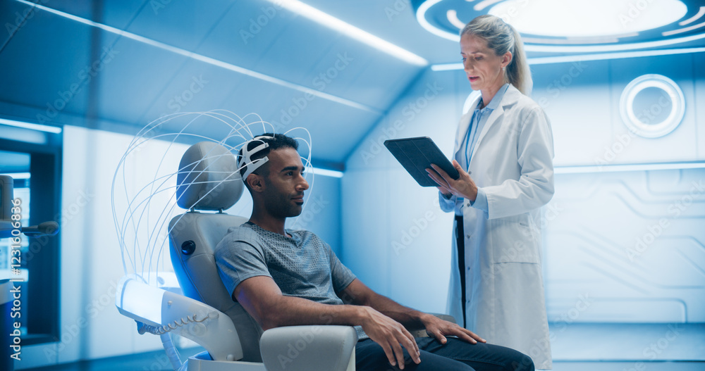 Aufkleber Female Doctor in a Futuristic Lab Using Advanced Technology to Scan Patient's Brain, Analyzing Data on High-tech Monitors. Patient, Connected to a High-Tech Device