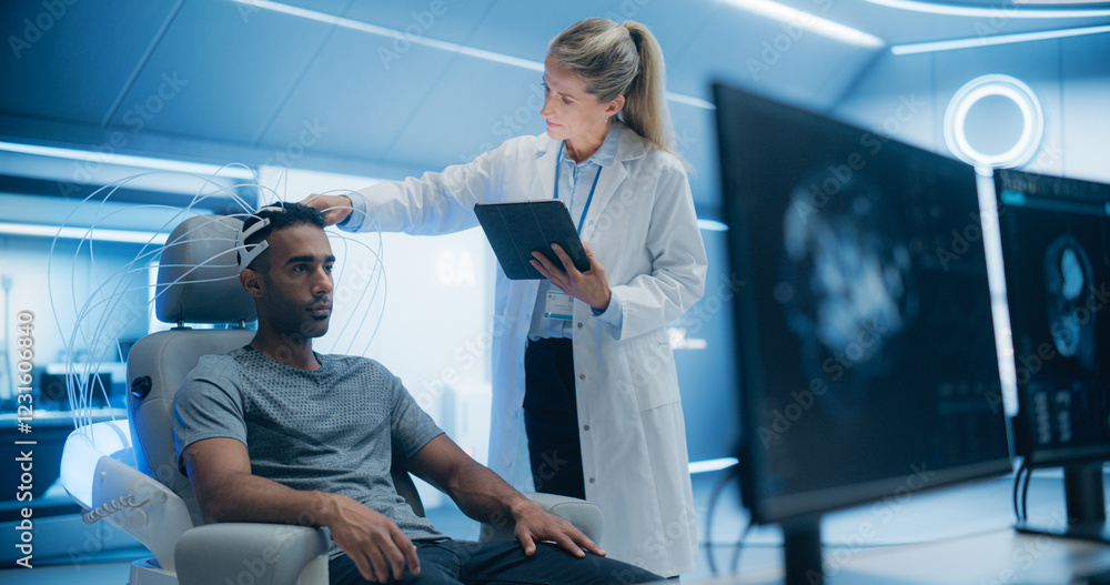 Poster Futuristic Laboratory: Doctor Monitors a Patient's Brain Scan Using Advanced Neuroimaging Technology, Diagnosing and Treating Neural Disorders, Enhancing Cognitive Function and Brain Health