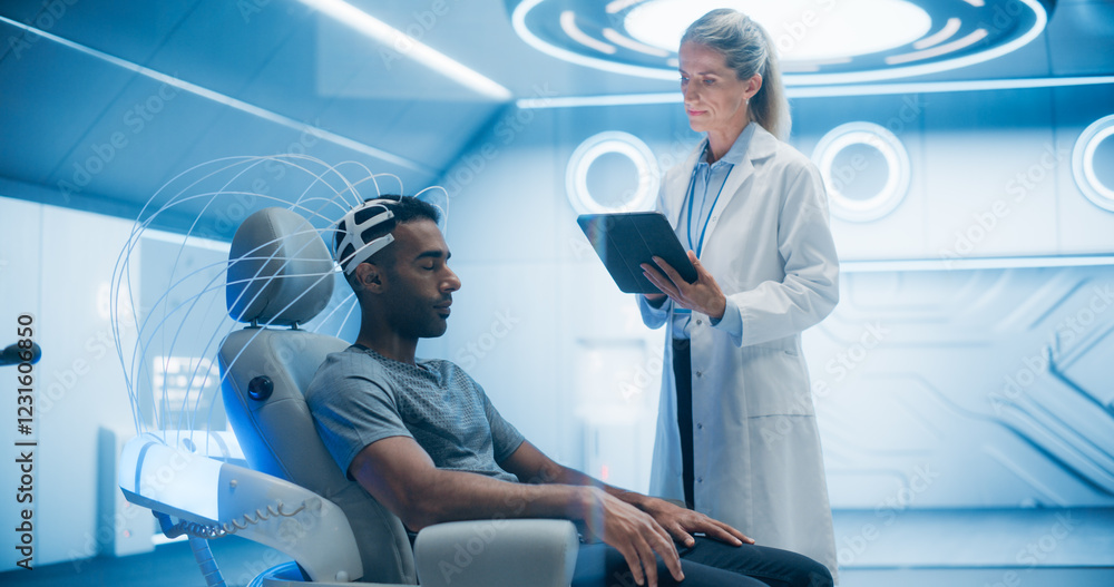 Poster In an Advanced Laboratory: Doctor Utilizing Advanced Brain Scanning Technology to Diagnose and Treat Neural Disorders, Enhancing Cognitive Function. Patient Wearing Headset for a High-tech Scan