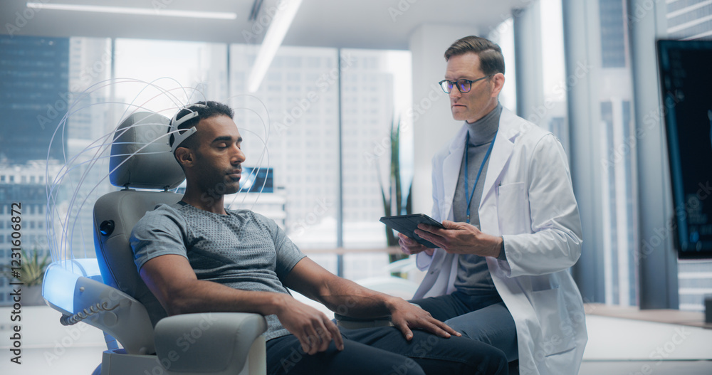 Leinwandbilder futuristic laboratory: male patient wearing headset for an advanced brain scan, monitored by a docto