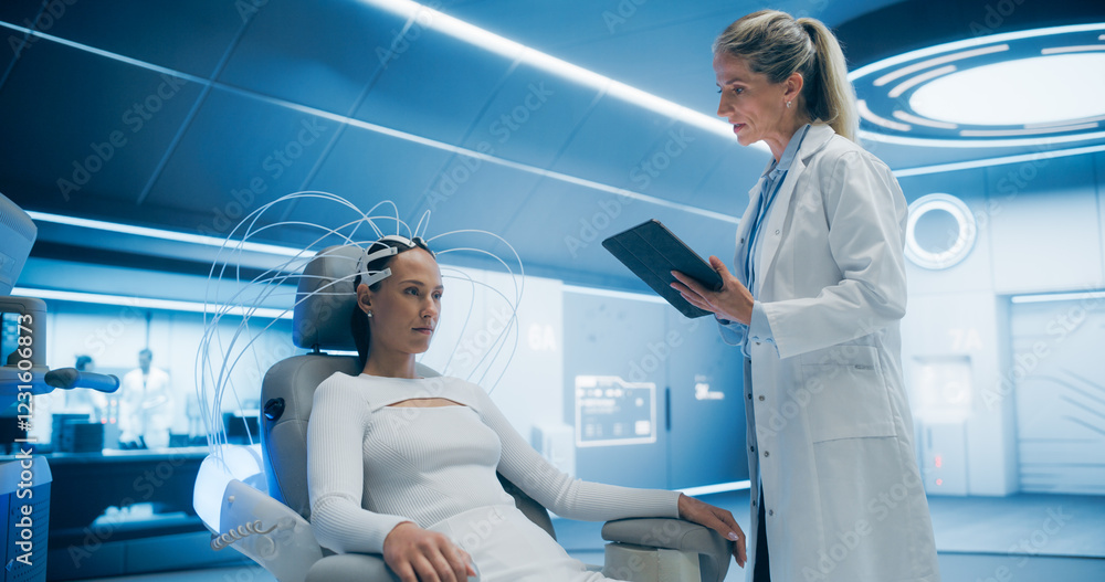 Aufkleber High-tech Laboratory: Female Patient Wearing Headset for a Brain Scan With Advanced Neural Technology, Monitored by a Doctor Using a Tablet. Advanced Medical Research and Cognitive Enhancement