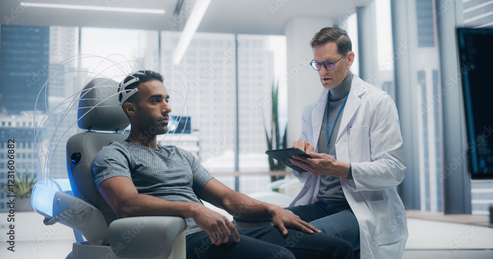 Poster Futuristic Laboratory: Male Patient Wearing Headset for an Advanced Brain Scan, Monitored by a Doctor Using Digital Tablet Computer. Neural Disease Research and Cognitive Optimization Using Technology