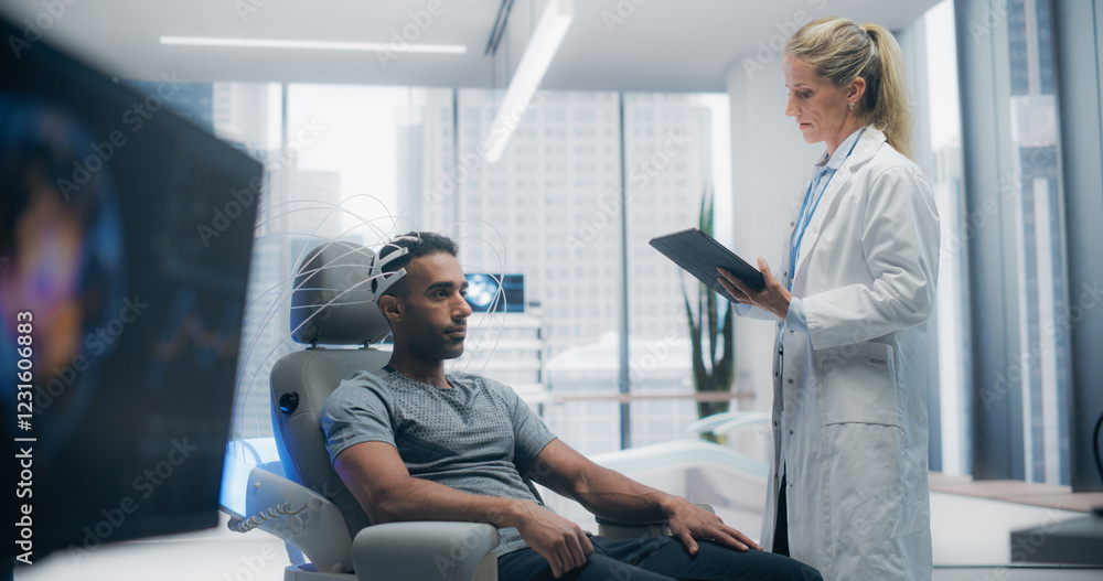 Poster In an Advanced Laboratory: Doctors Utilize Advanced Brain Scanning Technology to Diagnose and Treat Neural Disorders, Enhancing Cognitive Function. Patient Wearing Headset for a High-tech Scan