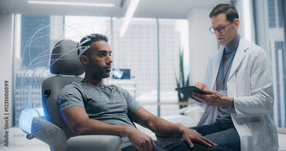 Poster Futuristic Laboratory: Male Patient Wearing Headset for an Advanced Brain Scan, Monitored by a Doctor Using Digital Tablet Computer. Neural Disease Research and Cognitive Optimization Using Technology