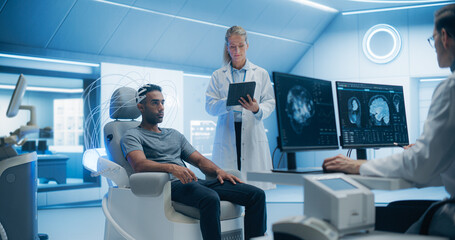 Futuristic Laboratory: Doctors Use Advanced Brain Scanning Technology to Diagnose and Treat Neural disease, Optimizing Brain Function. Patient Wearing Headset for a High-tech Scan, Advanced Equipment