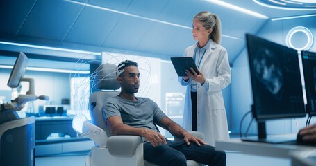 In an Advanced Laboratory: Doctors Utilize Advanced Brain Scanning Technology to Diagnose and Treat Neural Disorders, Enhancing Cognitive Function. Patient Wearing Headset for a High-tech Scan