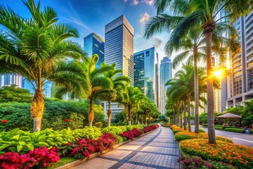 Fototapeta premium Tropical Urban Oasis - Lush Street Trees & Cityscape