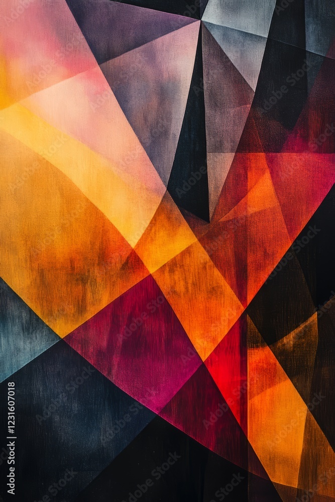 Poster a dynamic abstract geometric art piece featuring vibrant colors and intersecting shapes, perfect for