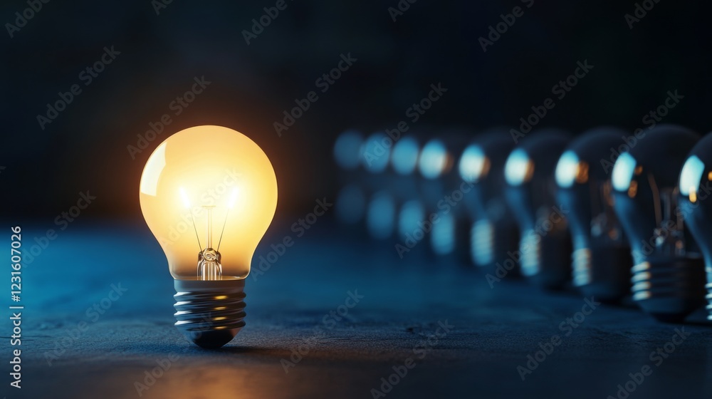Aufkleber a glowing light bulb stands out against a row of unlit bulbs, symbolizing innovation and brightness 