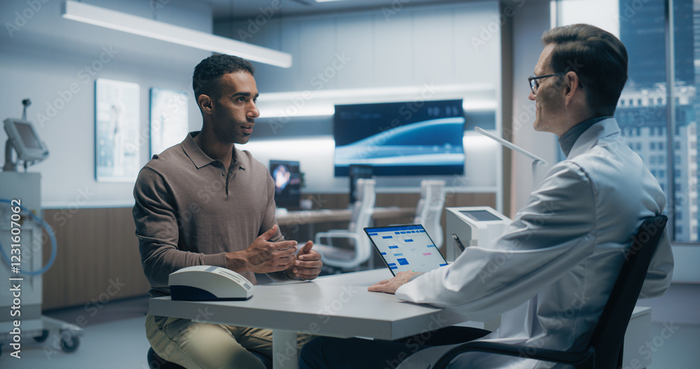 Poster male specialist discusses health data with a male patient in a high-tech medical lab, utilizing adva