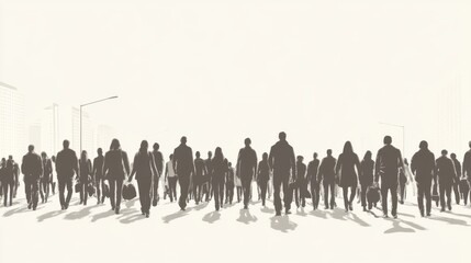 Naklejka premium Silhouetted crowd walking on city street.