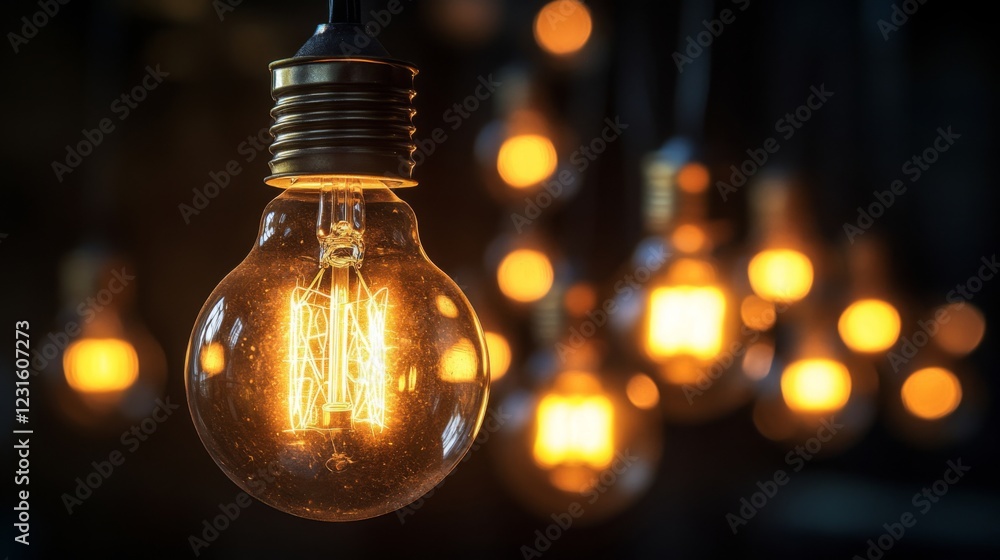 Poster a close-up of illuminated vintage light bulbs glowing warmly against a dark background, creating a c