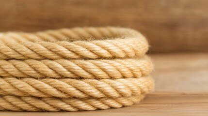 Fototapeta premium Rustic charm, closeup of coiled rope on a weathered wooden table texture and natural materials in focus