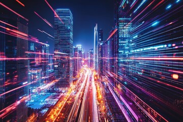 Fototapeta premium A cityscape with a bright neon light that is almost like a rainbow. The city is lit up with a lot of lights and the buildings are tall. The city looks like it is in motion