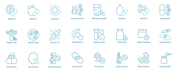 Complete Vitamin and Health Nutrition Vector Icon Set – Vitamin B, C, D, E, K, Juice and Foods, Hair and Skin Care, Gummy and Effervescent Tablets, Calcium plus D, Plant-Based Supplements 