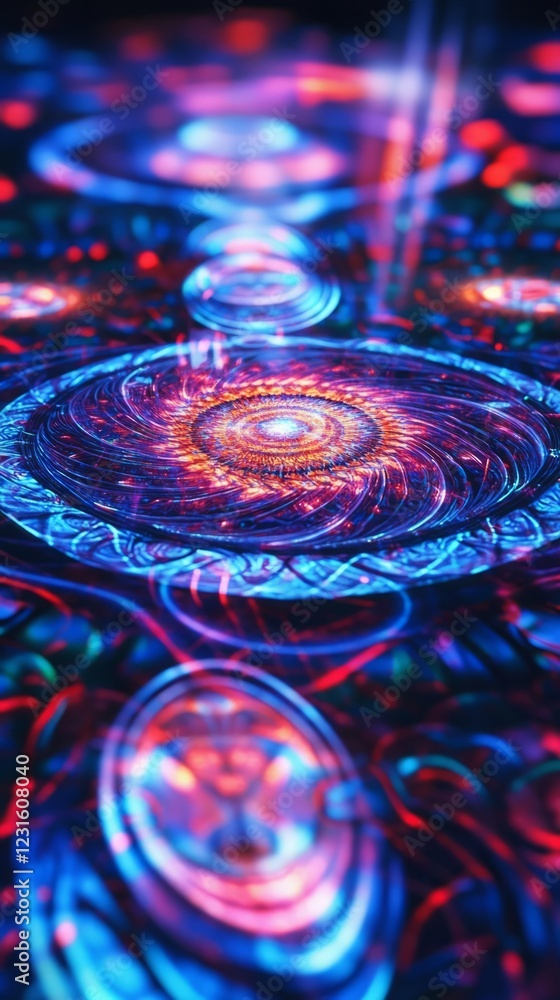 Poster a mesmerizing display of colorful neon light patterns and swirling geometric designs, creating a fut
