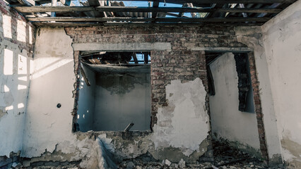 abandoned destroyed houses in the city during the war in Russia Kursk region
