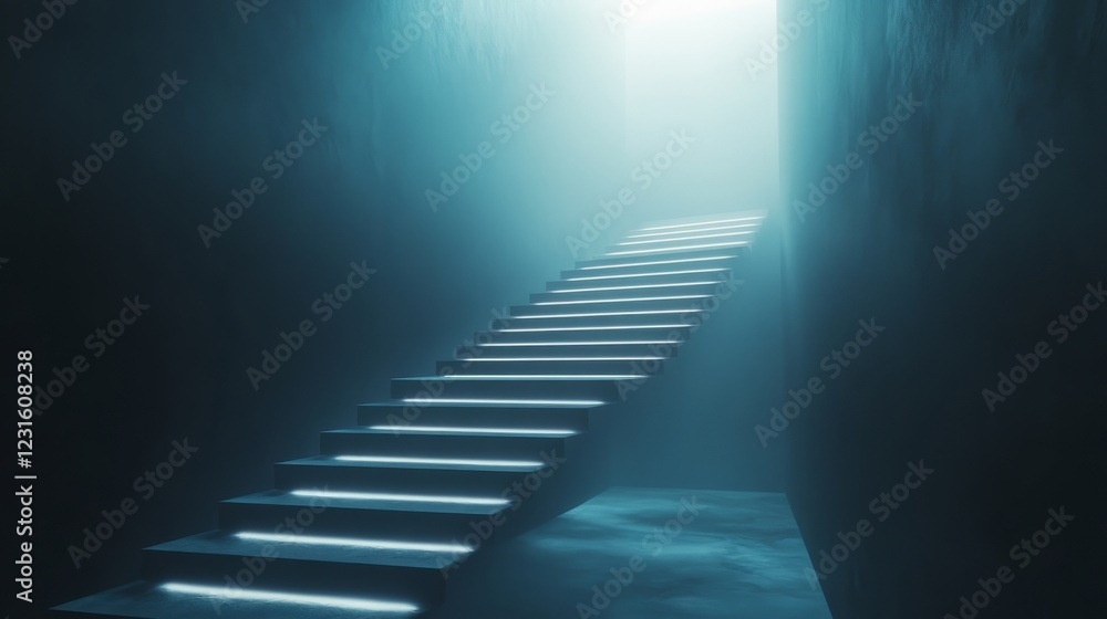 Poster a staircase with glowing steps leading to a bright light, creating a mysterious and futuristic atmos