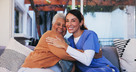 Old woman, nurse and portrait with hug on sofa for healthcare support, medical service and bonding...