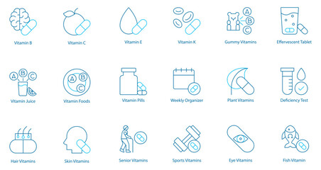 Complete Vitamin and Wellness Vector Icon Set – Vitamin B, C, E, K, Juice and Foods, Hair and Skin Care, Pills, Weekly Organizer, Senior and Sports Nutrition, Gummy and Plant-Based Supplements 