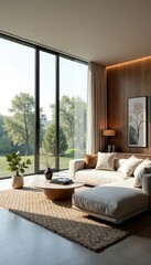 Sleek minimalist living room, expansive windows, house, window