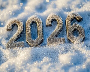 Frosty 2026 New Year numbers in snow.